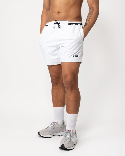 Boss White Isle Ripstop-fabric Swim Shorts With Contrast Logo for men