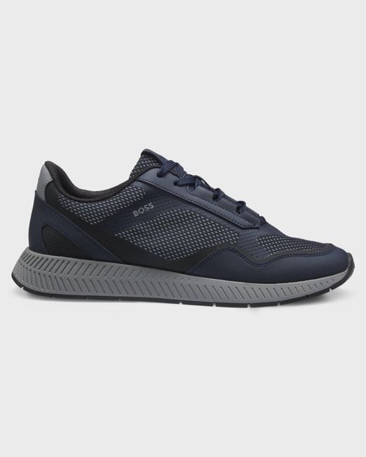 Boss Blue Reflective-Nylon Trainers With Ridged Sole for men