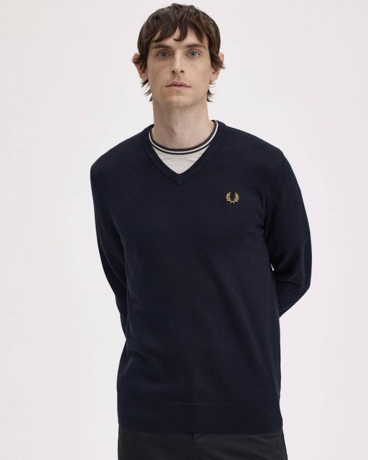 Fred Perry Blue Classic V Neck Jumper for men