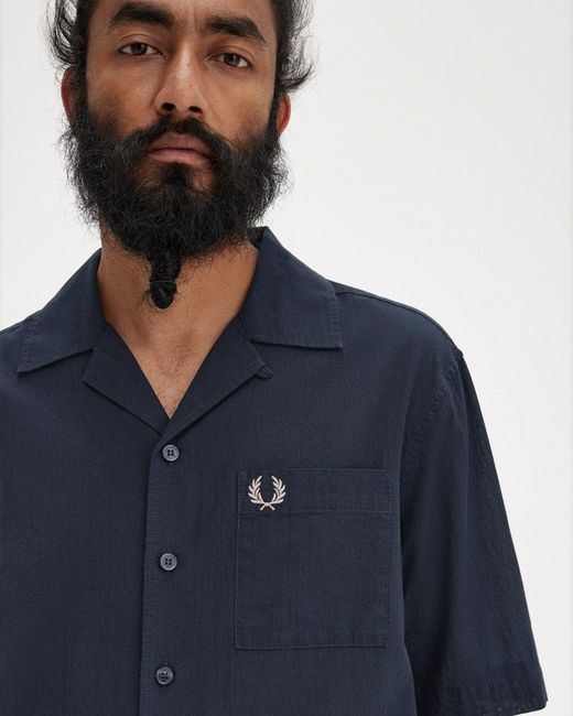 Fred Perry Blue Lightweight Texture Revere Collar Short Sleeve Shirt for men