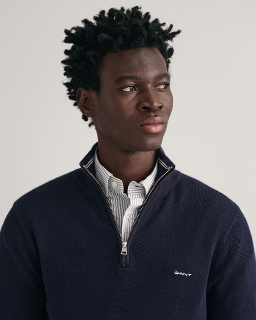 Gant Blue Cotton Pique Half Zip Jumper Size: L for men