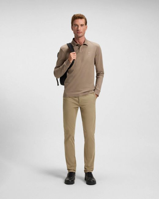 Boss Natural Passerby Long Sleeve Stretch-Cotton Polo Shirt With Logo Patch for men