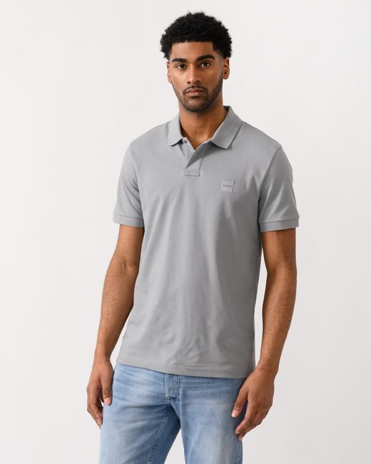 Boss Gray Passenger Stretch-Cotton Slim-Fit Polo Shirt With Logo Patch for men