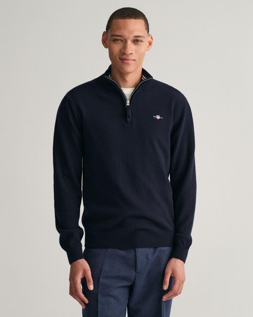 Gant Blue Marine Superfine Lambswool Half Zip Sweater for men