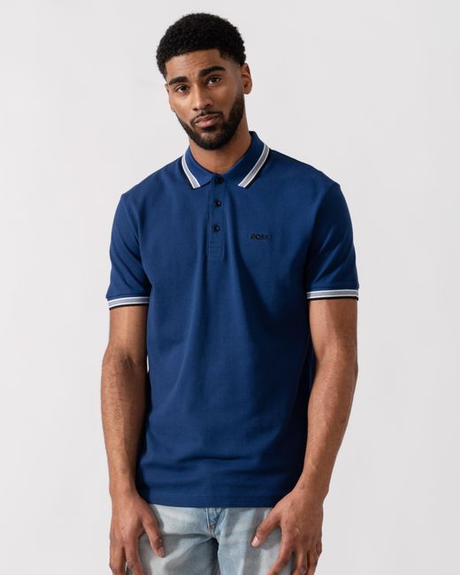 Boss Blue Paddy Cotton-Piqué Polo Shirt With Contrast Logo for men