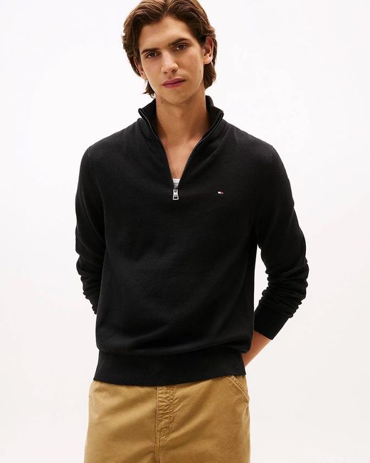 Tommy Hilfiger Black Organic Cotton Cashmere Zip-Mock Sweater for men