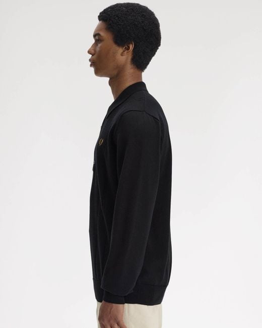 Fred Perry Black Cable Knitted Long Sleeve Polo Shirt for men