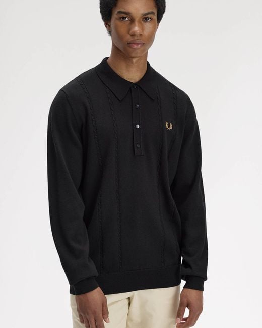 Fred Perry Black Cable Knitted Long Sleeve Polo Shirt for men