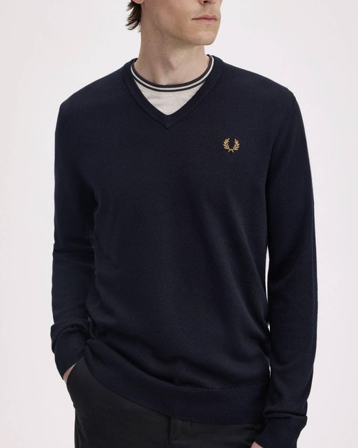 Fred Perry Blue Classic V Neck Jumper for men