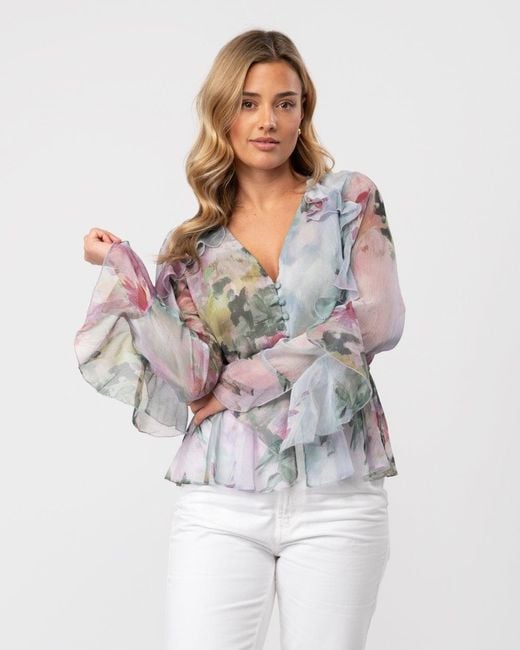 Ted Baker Gray Sunnieh Waterfall Ruffle Button Up Blouse