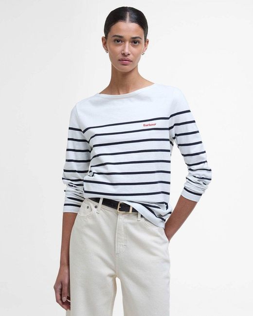 Barbour White Bradley Long Sleeve Striped Top