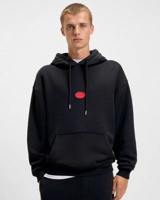 HUGO Black Dilvano Pullover Hoodie With Waxed-Stamp Logo for men