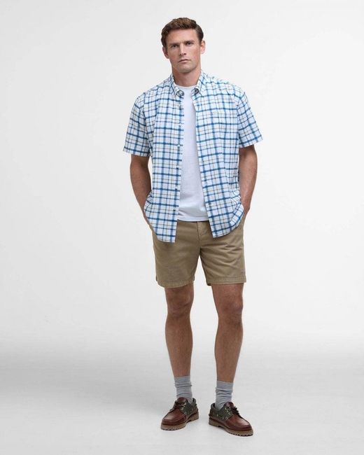 Barbour Blue Glover Short Sleeve Linen Blend Check Shirt for men
