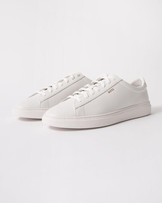 Boss White Kieran Grained-Leather Trainers With Rubber Sole for men