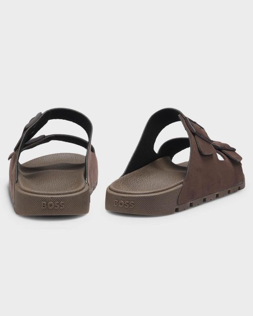 Boss Brown Surfley Twin-Strap Slides With Branded Buckles for men
