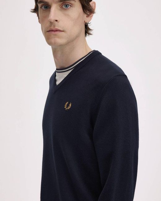 Fred Perry Blue Classic V Neck Jumper for men