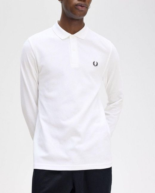 Fred Perry White Long Sleeve Plain Signature Polo Shirt for men