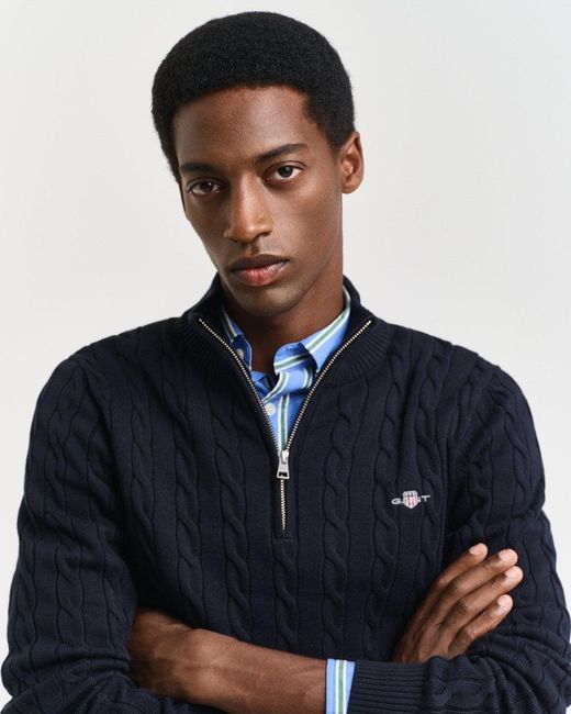 Gant Blue Cotton Cable Half Zip Jumper for men
