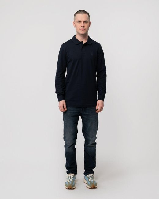 Boss Blue Passerby Long Sleeve Stretch-Cotton Polo Shirt With Logo Patch Nos Size: M for men