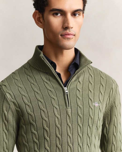 Gant Green Cotton Cable Half Zip Jumper for men