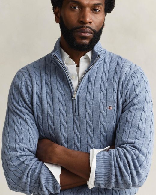 Gant Blue Cotton Cable Half Zip Jumper for men