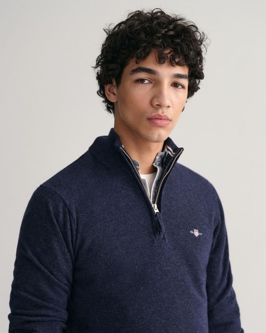 Gant Blue Superfine Lambswool Half Zip Cardigan for men