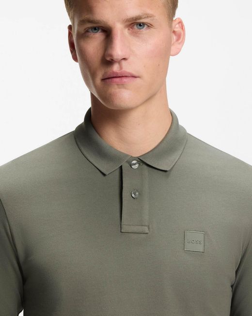 Boss Gray Passerby Long Sleeve Stretch-Cotton Polo Shirt With Logo Patch for men