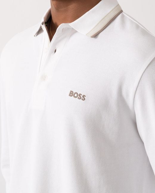 Boss White Plisy Long Sleeve Polo Shirt for men