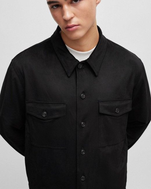 HUGO Black Enalu Oversized Faux Suede Overshirt for men