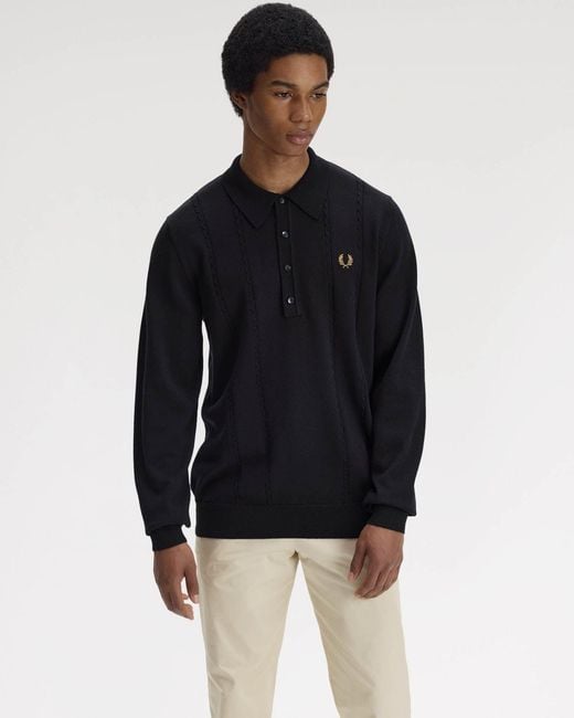 Fred Perry Black Cable Knitted Long Sleeve Polo Shirt for men