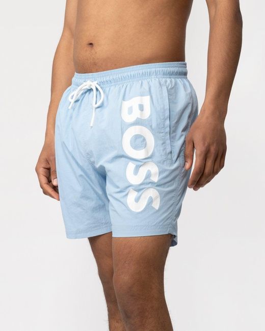 Boss Blue Octopus Vertical Logo Print Swim Shorts In Quick-dry Poplin for men