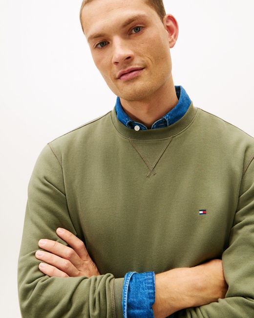 Tommy Hilfiger Green Essential Flag Embroidery Fleece Crew Sweatshirt for men