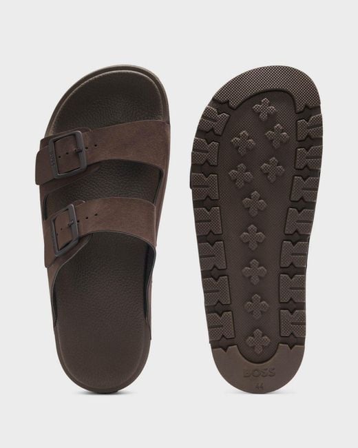 Boss Brown Surfley Twin-Strap Slides With Branded Buckles for men