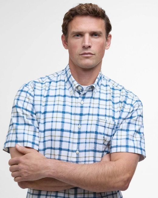 Barbour Blue Glover Short Sleeve Linen Blend Check Shirt for men