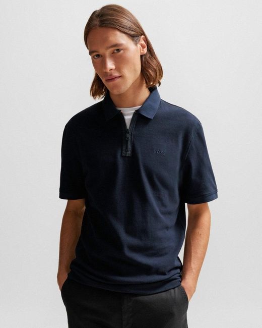 Boss Blue Pezip Short Sleeve Zip Polo Shirt for men