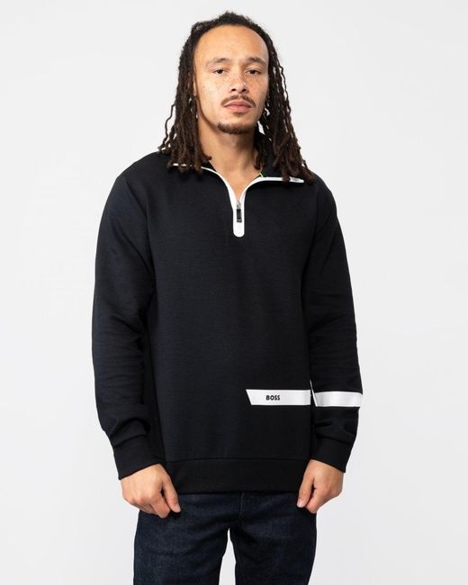 Boss Black Cotton-blend Zip-neck Sweatshirt With Logo Stripe for men