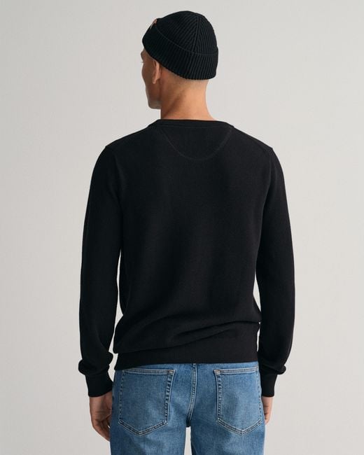 Gant Black Cotton Pique Crew Neck Jumper for men