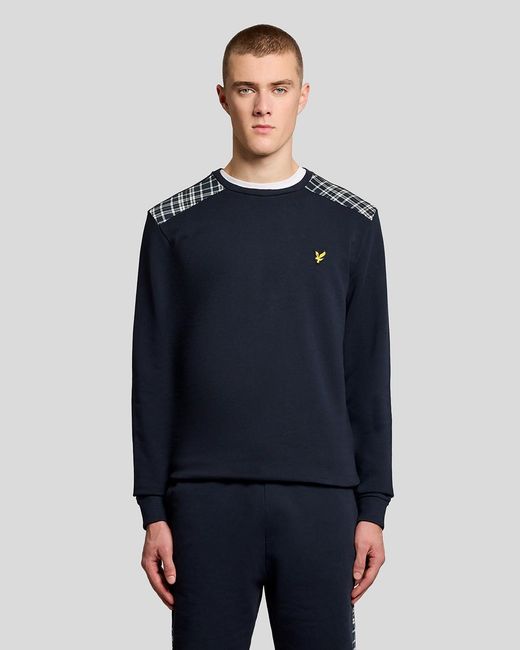Lyle & Scott Blue Check Panelled Crew Neck Sweatshirt for men