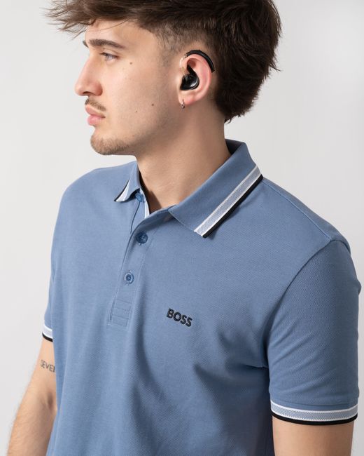 Boss Blue Paddy Cotton-Piqué Polo Shirt With Contrast Logo for men