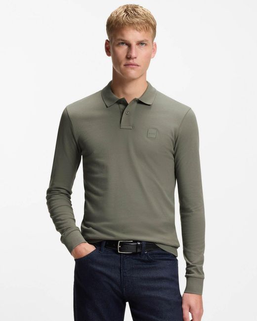 Boss Gray Passerby Long Sleeve Stretch-Cotton Polo Shirt With Logo Patch for men