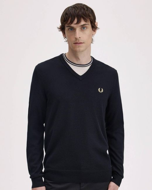 Fred Perry Blue Classic V Neck Jumper for men