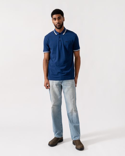 Boss Blue Paddy Cotton-Piqué Polo Shirt With Contrast Logo for men