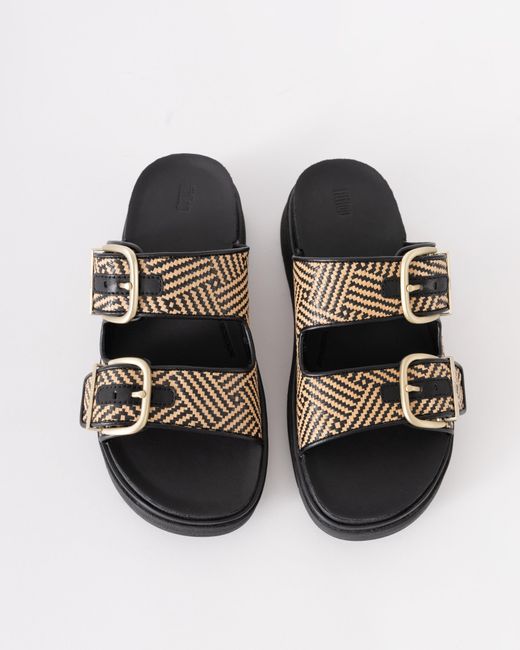 Fitflop Brown Gen-Ff Buckle Graphic-Weave Two-Bar Slides