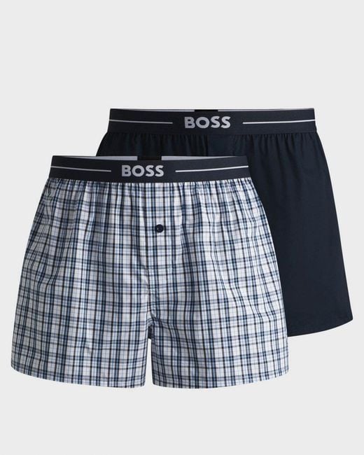 Boss Blue Boxer 2-pack Cotton Pyjama Shorts With Logo Waistbands for men