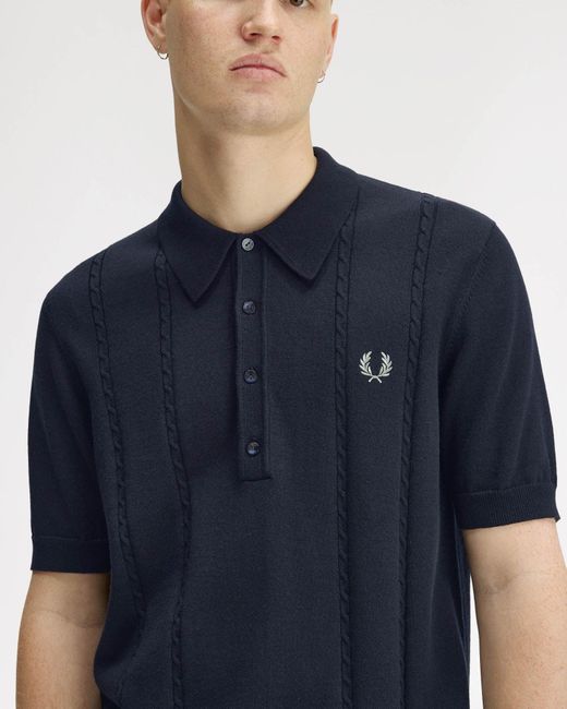Fred Perry Blue Cable Knitted Polo Shirt for men