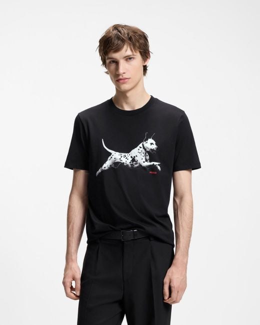 HUGO Black Dirunn Cotton-Jersey T-Shirt With Animal Artwork for men