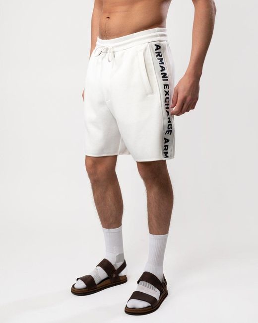 Armani Exchange White Drawstring Shorts With Logo Tape for men