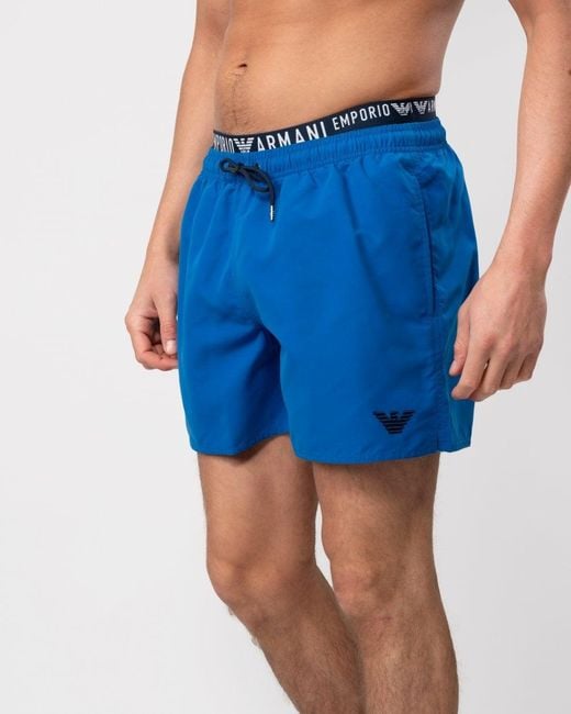 Emporio Armani Blue Logo Waistband Woven Swim Shorts for men