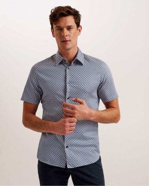 Ted Baker Blue Lacesho Short Sleeve Geometric Print Shirt for men