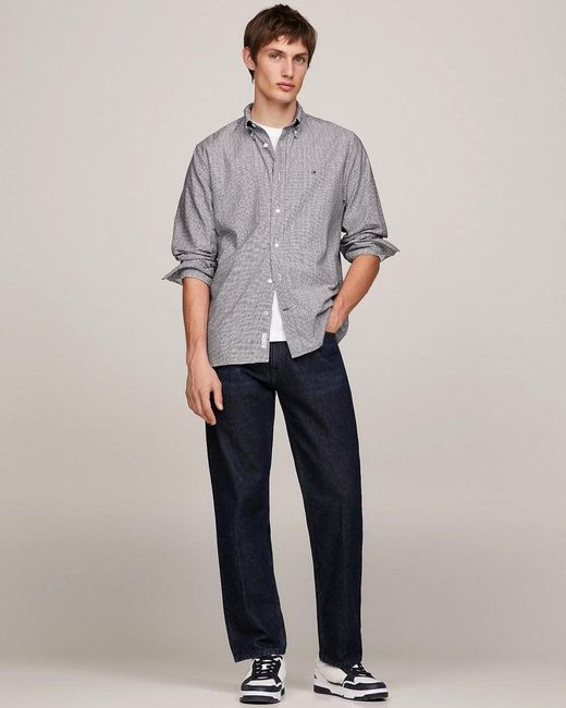 Tommy Hilfiger Gray Oxford Basketweave Print Long Sleeve Shirt for men